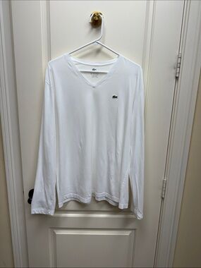 Lacoste White V‑Neck Long Sleeve Shirt with Green Logo